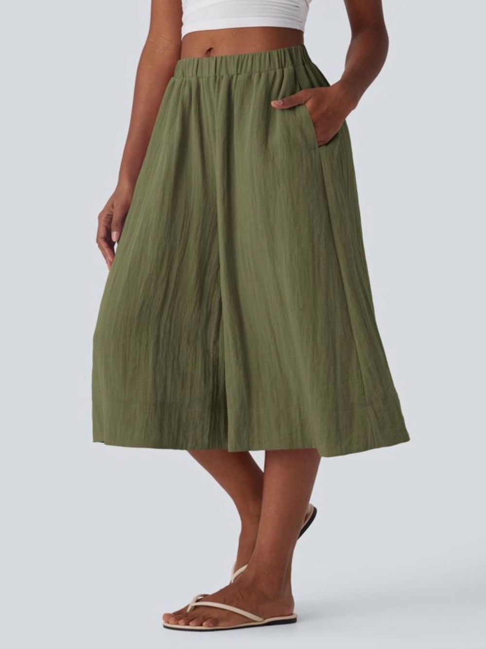 Halara Mid Rise Wide Leg Flowy Linen-Feel Pants with Pocket Olive Green Large